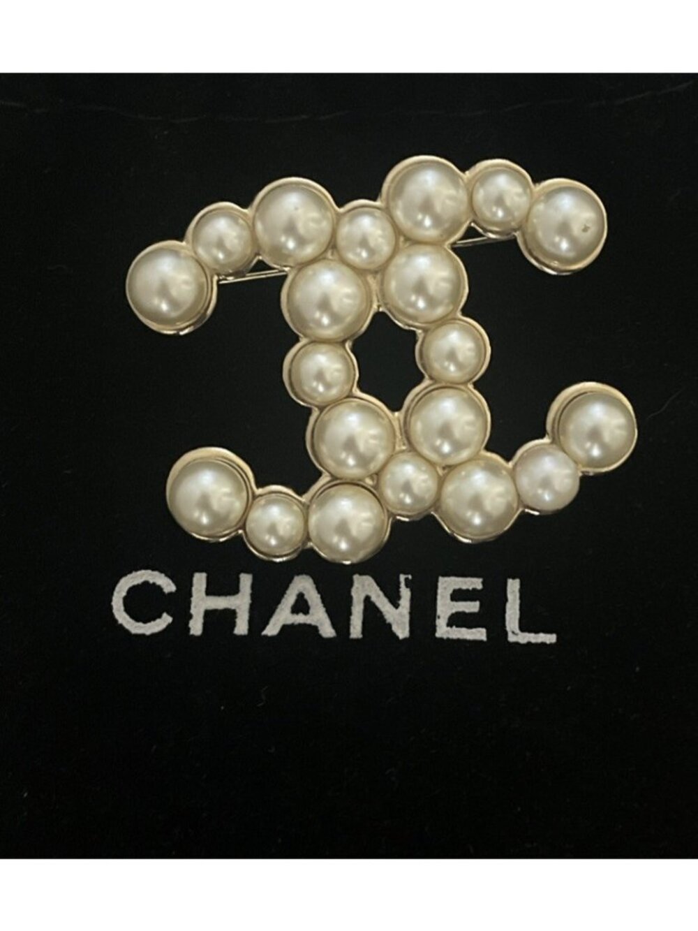 Chanel Gold Tone CC Logo Faux Pearl Pin Brooch Made in France